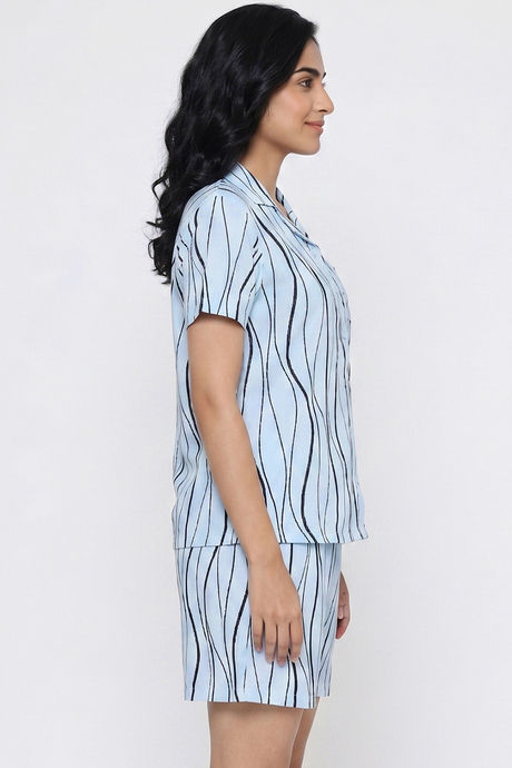Zivame Wavy Stripes Knit Cotton Short Set - Ice Water — image 3